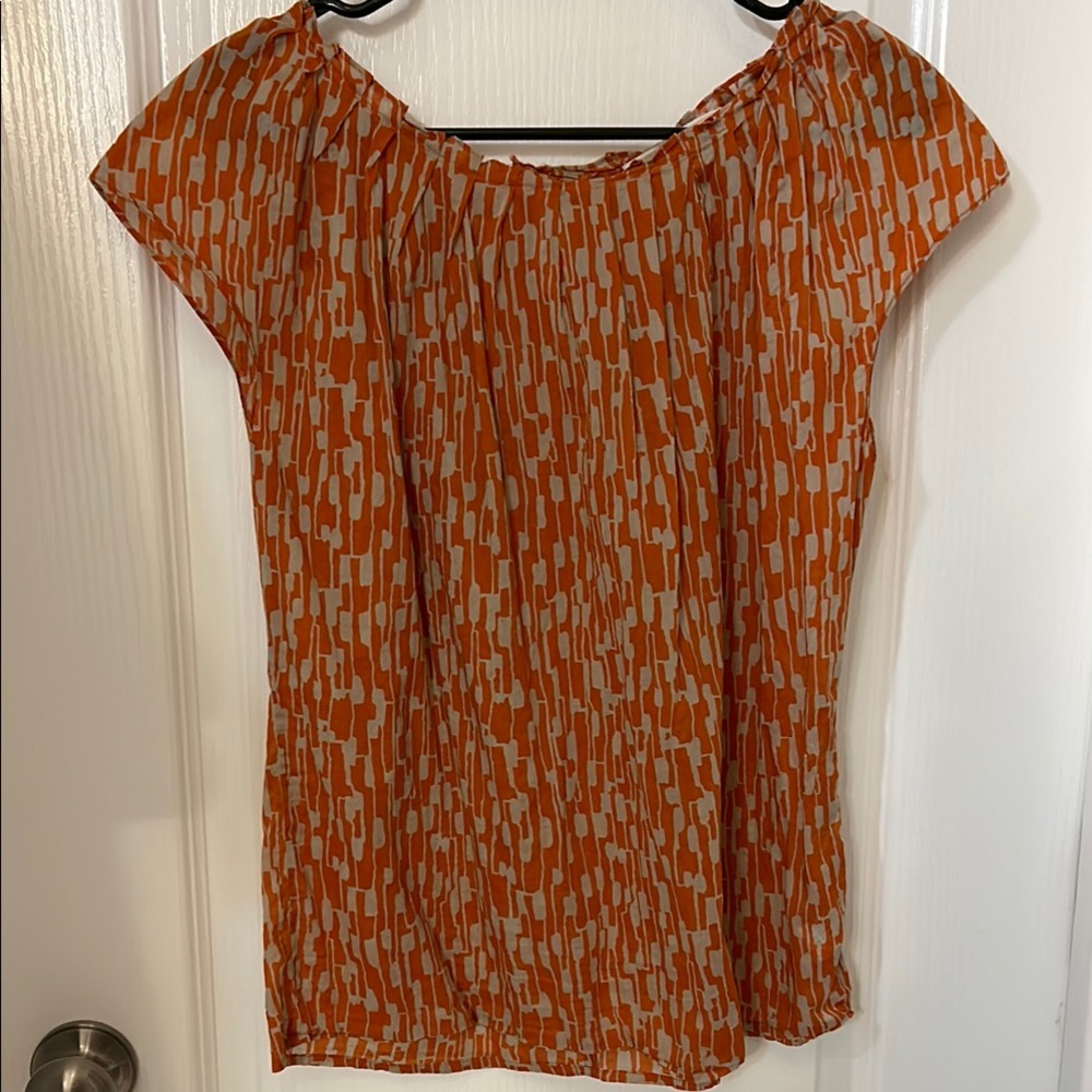 Michael Kors Brown and Orange Cap Sleeve Pleated Blouse